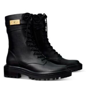 Tory Burch T Hardware Leather Combat Boots - Black Calf length - NEW w/box